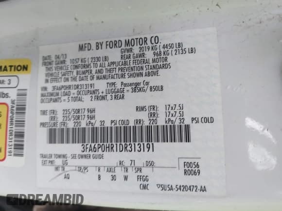 ✅ 2013 Ford Fusion SE • VIN: 3FA6P0HR1DR313191 • Лот: 43534043. Опубликован ранее на IAAI с пробегом 133 336 миль. Бесплатный доступ к архиву аукционных продаж из США и подробный отчёт об истории автомобиля на DreamBid. Изображение 9.