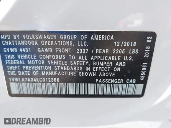 ✅ 2019 Volkswagen Passat Wolfsburg Edition • VIN: 1VWLA7A34KC012386 • Лот: 43193343. Опубликован ранее на IAAI с пробегом 46 301 миль. Бесплатный доступ к архиву аукционных продаж из США и подробный отчёт об истории автомобиля на DreamBid. Изображение 9.