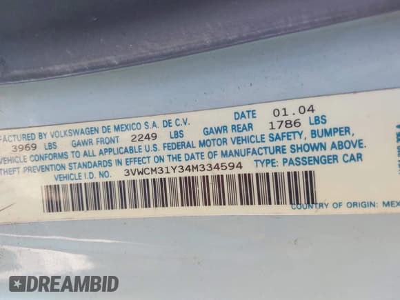 ✅ 2004 Volkswagen Beetle GLS • VIN: 3VWCM31Y34M334594 • Lot: 43020161. Listed on IAAI with 141,964 mi. Free auction sales archive from the USA and detailed vehicle history report at DreamBid. Image 9.