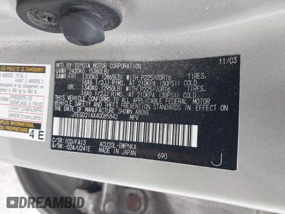 2004 Toyota Highlander z VIN JTEGD21AX40085842, wystawiony jako IAAI lot #43026363 z przebiegiem 306 121 mil mil oraz . Historia ofert i sprzedaży dostępna na DreamBid. Obrazek 9.