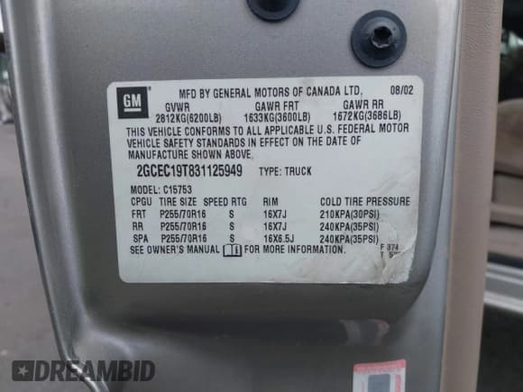 ✅ 2003 Chevrolet Silverado 1500 LT • VIN: 2GCEC19T831125949 • Lot: 43424417. Listed on IAAI with 182,455 mi. Free auction sales archive from the USA and detailed vehicle history report at DreamBid. Image 9.