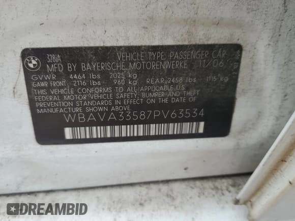 ✅ 2007 BMW 3 Series 328i • VIN: WBAVA33587PV63534 • Lot: 60563035. Listed on Copart with 247,210 mi. Free auction sales archive from the USA and detailed vehicle history report at DreamBid. Image 12.