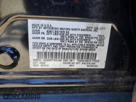 2013 Mitsubishi Outlander ES z VIN 4A4AP3AU9DE023832, wystawiony jako Copart lot #83817435 z przebiegiem 122 878 mil mil oraz Szkoda całkowita • Salvage title. Historia ofert i sprzedaży dostępna na DreamBid. Obrazek 14.
