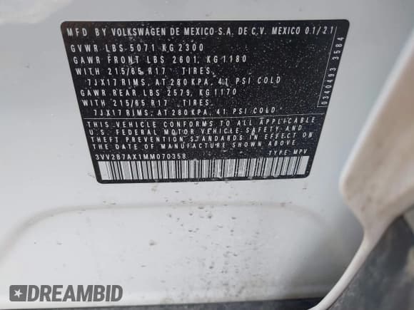 ✅ 2021 Volkswagen Tiguan SE • VIN: 3VV2B7AX1MM070358 • Lot: 41583397. Wystawiony na IAAI z przebiegiem 75 508 mil. Bezpłatny archiwum sprzedaży aukcyjnych z USA i szczegółowy raport historii pojazdu na DreamBid. Zdjęcie 9.