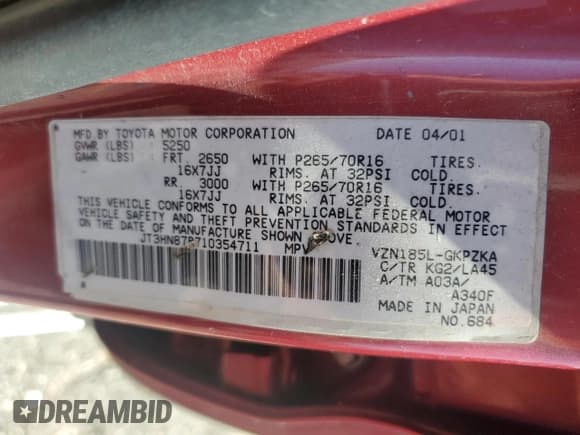 ✅ 2001 Toyota 4Runner Limited • VIN: JT3HN87R710354711 • Lot: 85268035. Listed on Copart with 315,217 mi. Free auction sales archive from the USA and detailed vehicle history report at DreamBid. Image 13.