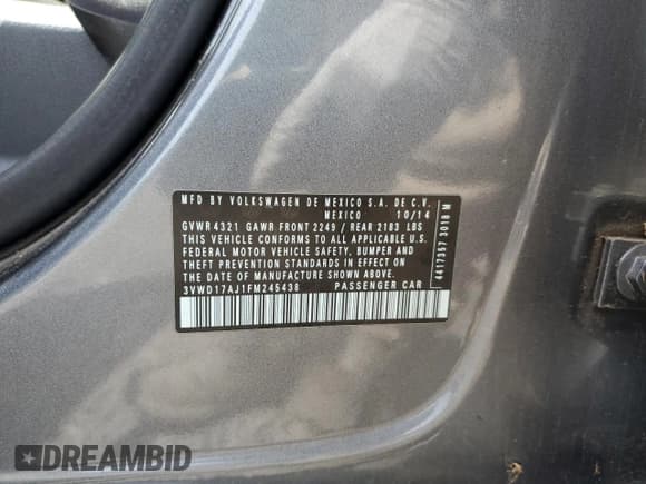 ✅ 2015 Volkswagen Jetta SE • VIN: 3VWD17AJ1FM245438 • Lot: 58515485. Listed on Copart with 117,796 mi. Free auction sales archive from the USA and detailed vehicle history report at DreamBid. Image 12.