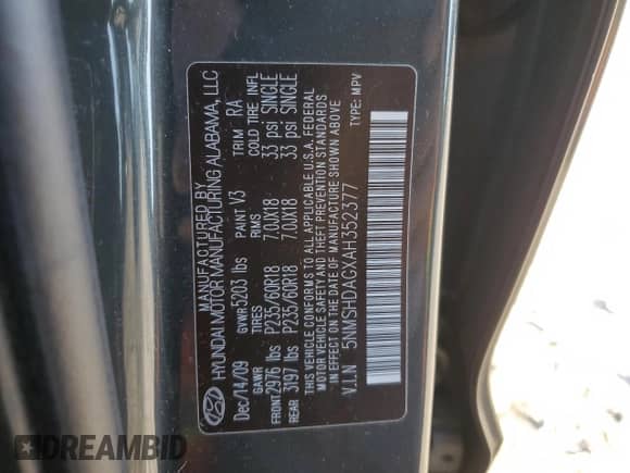 2010 Hyundai Santa Fe SE with VIN 5NMSHDAGXAH352377, listed as a Copart auction lot 89473705 with 140,013 mi miles and Clean title. Bid and sale history available at DreamBid. Image 14.