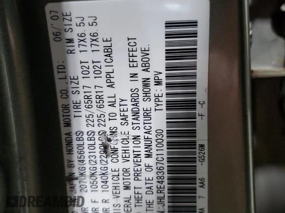 ✅ 2007 Honda CR-V LX • VIN: JHLRE48367C110030 • Лот: 93032385. Опубликован ранее на Copart с пробегом Не указан. Бесплатный доступ к архиву аукционных продаж из США и подробный отчёт об истории автомобиля на DreamBid. Изображение 13.