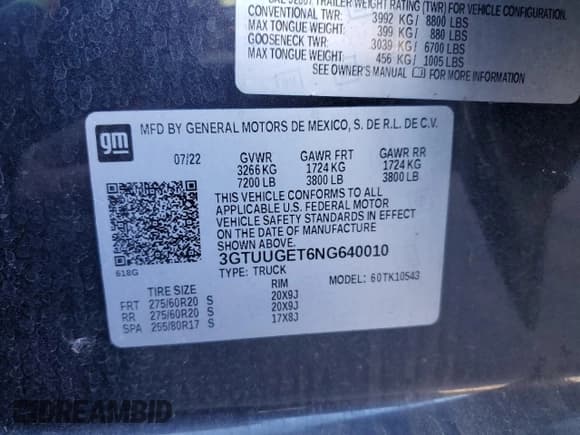 ✅ 2022 GMC Sierra 1500 • VIN: 3GTUUGET6NG640010 • Лот: 86510915. Опубликован ранее на Copart с пробегом 60 119 миль. Бесплатный доступ к архиву аукционных продаж из США и подробный отчёт об истории автомобиля на DreamBid. Изображение 12.