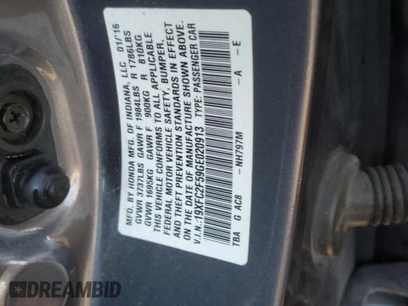 ✅ 2016 Honda Civic LX • VIN: 19XFC2F59GE020913 • Lot: 92229535. Listed on Copart with 124,976 mi. Free auction sales archive from the USA and detailed vehicle history report at DreamBid. Image 12.