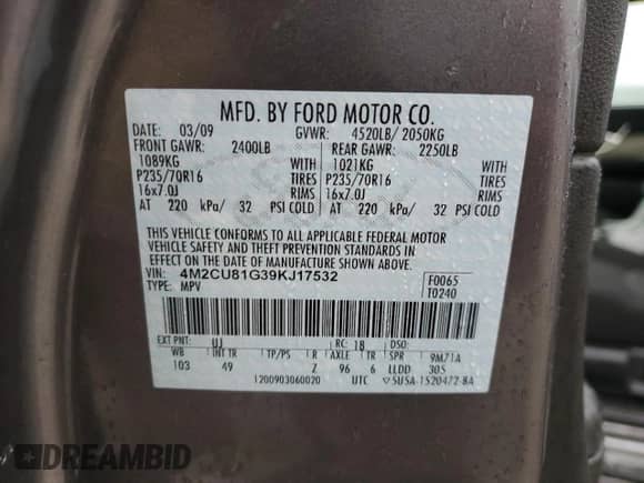 2009 Mercury Mariner z VIN 4M2CU81G39KJ17532, wystawiony jako Copart lot #43907455 z przebiegiem 214 212 mil mil oraz Szkoda całkowita • Salvage title. Historia ofert i sprzedaży dostępna na DreamBid. Obrazek 16.