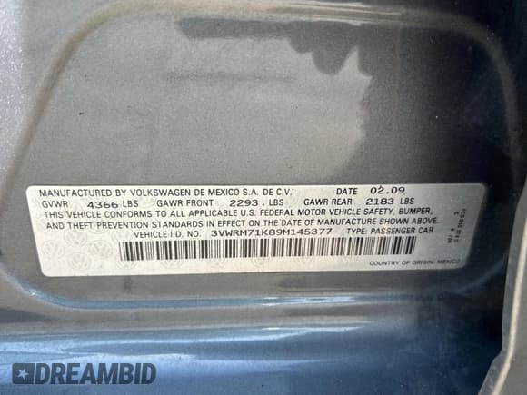 ✅ 2009 Volkswagen Jetta SE • VIN: 3VWRM71K89M145377 • Lot: 66104525. Listed on Copart with 161,429 mi. Free auction sales archive from the USA and detailed vehicle history report at DreamBid. Image 11.