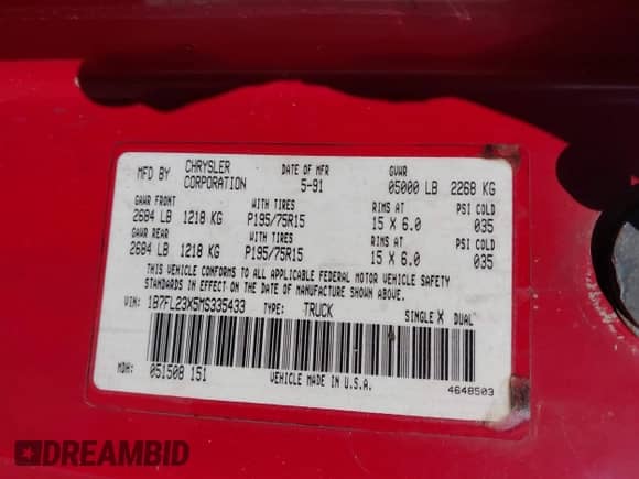 1991 Dodge Dakota z VIN 1B7FL23X5MS335433, wystawiony jako IAAI lot #41149799 z przebiegiem Nie podano mil oraz . Historia ofert i sprzedaży dostępna na DreamBid. Obrazek 9.