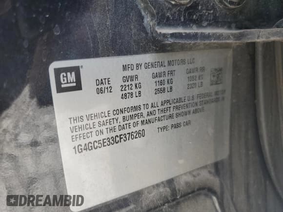 ✅ 2012 Buick LaCrosse Leather • VIN: 1G4GC5E33CF376260 • Lot: 69748135. Wystawiony na Copart z przebiegiem 169 065 mil. Bezpłatny archiwum sprzedaży aukcyjnych z USA i szczegółowy raport historii pojazdu na DreamBid. Zdjęcie 12.