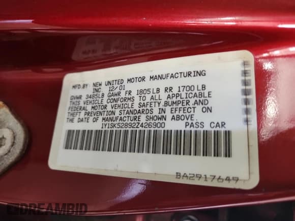 ✅ 2002 Chevrolet Prizm • VIN: 1Y1SK52892Z426900 • Lot: 80184925. Listed on Copart with 124,937 mi. Free auction sales archive from the USA and detailed vehicle history report at DreamBid. Image 12.