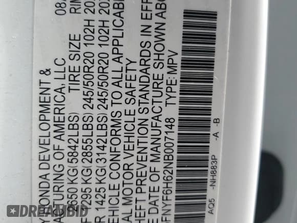 ✅ 2022 Honda Pilot Touring 7-Passenger • VIN: 5FNYF6H62NB007148 • Lot: 69777725. Listed on Copart with 54,748 mi. Free auction sales archive from the USA and detailed vehicle history report at DreamBid. Image 13.