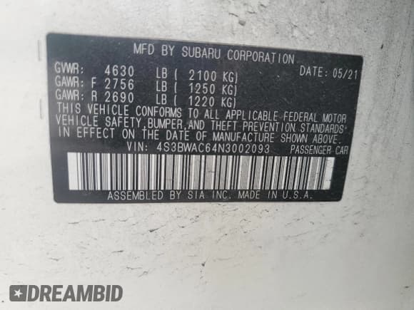 ✅ 2022 Subaru Legacy Premium • VIN: 4S3BWAC64N3002093 • Lot: 54669255. Listed on Copart with 70,647 mi. Free auction sales archive from the USA and detailed vehicle history report at DreamBid. Image 12.