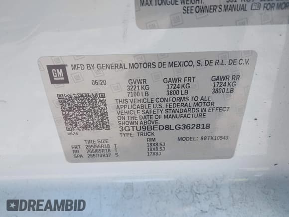 ✅ 2020 GMC Sierra 1500 SLE • VIN: 3GTU9BED8LG362818 • Лот: 42128450. Опубликован ранее на IAAI с пробегом 80 468 миль. Бесплатный доступ к архиву аукционных продаж из США и подробный отчёт об истории автомобиля на DreamBid. Изображение 9.