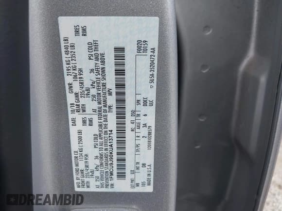 ✅ 2019 Ford Escape Titanium • VIN: 1FMCU9J90KUA13714 • Лот: 43020434. Опубликован ранее на IAAI с пробегом 150 862 миль. Бесплатный доступ к архиву аукционных продаж из США и подробный отчёт об истории автомобиля на DreamBid. Изображение 9.