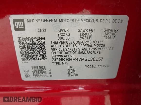 ✅ 2023 Chevrolet Blazer LT • VIN: 3GNKBHR47PS136157 • Lot: 43070598. Listed on IAAI with 49,307 mi. Free auction sales archive from the USA and detailed vehicle history report at DreamBid. Image 9.