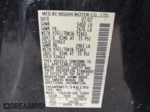 ✅ 2007 Nissan Xterra S • VIN: 5N1AN08W57C546196 • Lot: 41988204. Listed on IAAI with Not provided. Free auction sales archive from the USA and detailed vehicle history report at DreamBid. Image 9.