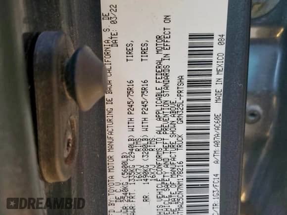 2022 Toyota Tacoma SR5 с VIN 3TMAZ5CN7NM178216, выставлен на аукционе Copart как лот 91320695 с пробегом 51 289 миль миль и Чистый • Clean title. История ставок и продаж доступна на DreamBid. Изображение 12.