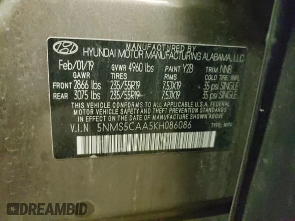 ✅ 2019 Hyundai Santa Fe Ultimate • VIN: 5NMS5CAA5KH086086 • Lot: 66385733. Wystawiony na Copart z przebiegiem 67 048 mil. Bezpłatny archiwum sprzedaży aukcyjnych z USA i szczegółowy raport historii pojazdu na DreamBid. Zdjęcie 13.