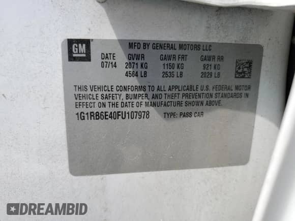 2015 Chevrolet Volt z VIN 1G1RB6E40FU107978, wystawiony jako Copart lot #51784124 z przebiegiem 134 571 mil mil oraz . Historia ofert i sprzedaży dostępna na DreamBid. Obrazek 12.