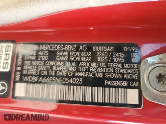 ✅ 1992 Mercedes-Benz 500 • VIN: WDBFA66E5NF054023 • Лот: 51841895. Опубликован ранее на Copart с пробегом 25 505 миль. Бесплатный доступ к архиву аукционных продаж из США и подробный отчёт об истории автомобиля на DreamBid. Изображение 12.