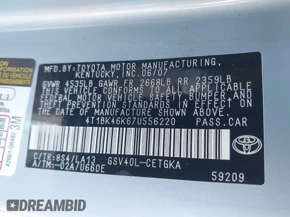 ✅ 2007 Toyota Camry LE • VIN: 4T1BK46K67U556220 • Лот: 43584071. Опубликован ранее на IAAI с пробегом 137 280 миль. Бесплатный доступ к архиву аукционных продаж из США и подробный отчёт об истории автомобиля на DreamBid. Изображение 9.