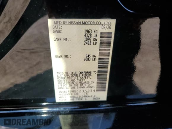 ✅ 2020 Nissan Altima SL • VIN: 1N4BL4EV8LC235234 • Lot: 81248855. Listed on Copart with 128,688 mi. Free auction sales archive from the USA and detailed vehicle history report at DreamBid. Image 12.