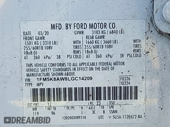 ✅ 2020 Ford Police Interceptor Utility • VIN: 1FM5K8AW8LGC14209 • Lot: 42287377. Wystawiony na IAAI z przebiegiem 172 135 mil. Bezpłatny archiwum sprzedaży aukcyjnych z USA i szczegółowy raport historii pojazdu na DreamBid. Zdjęcie 9.