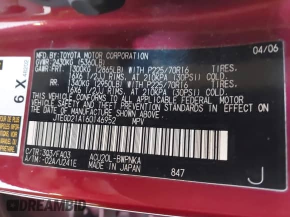 2006 Toyota Highlander z VIN JTEGD21A160146952, wystawiony jako IAAI lot #43018424 z przebiegiem 171 745 mil mil oraz . Historia ofert i sprzedaży dostępna na DreamBid. Obrazek 9.