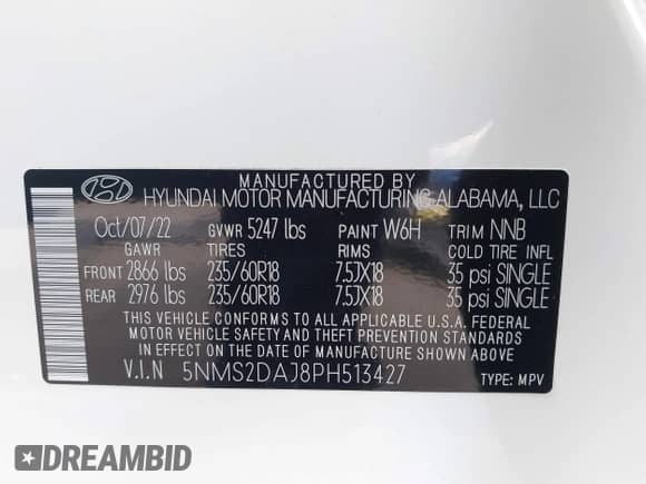 2023 Hyundai Santa Fe SEL с VIN 5NMS2DAJ8PH513427, выставлен на аукционе IAAI как лот 43082335 с пробегом 46 194 миль миль и . История ставок и продаж доступна на DreamBid. Изображение 9.