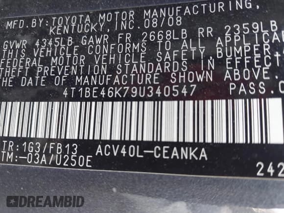 ✅ 2009 Toyota Camry LE • VIN: 4T1BE46K79U340547 • Lot: 43601616. Listed on IAAI with 195,419 mi. Free auction sales archive from the USA and detailed vehicle history report at DreamBid. Image 9.