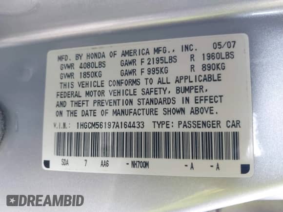 2007 Honda Accord VP с VIN 1HGCM56197A164433, выставлен на аукционе IAAI как лот 42783020 с пробегом 52 557 миль миль и . История ставок и продаж доступна на DreamBid. Изображение 9.