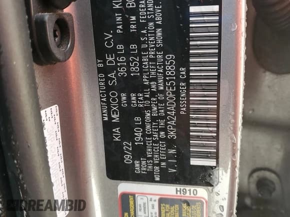 ✅ 2023 Kia Rio S • VIN: 3KPA24AD0PE518859 • Lot: 86060205. Listed on Copart with Not provided. Free auction sales archive from the USA and detailed vehicle history report at DreamBid. Image 12.