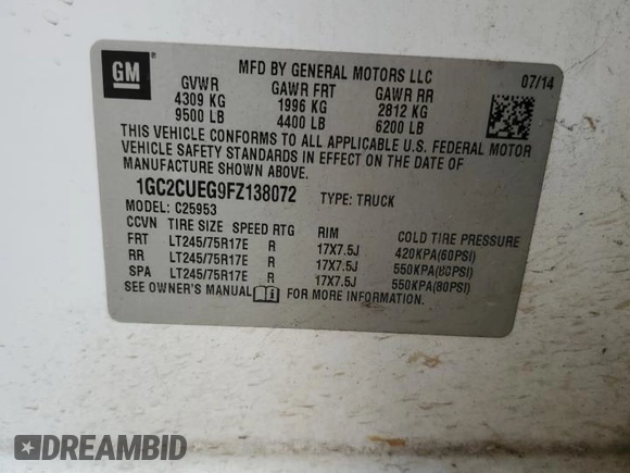 ✅ 2015 Chevrolet Silverado 2500HD Work Truck • VIN: 1GC2CUEG9FZ138072 • Лот: 54879985. Опубликован ранее на Copart с пробегом 225 562 миль. Бесплатный доступ к архиву аукционных продаж из США и подробный отчёт об истории автомобиля на DreamBid. Изображение 13.