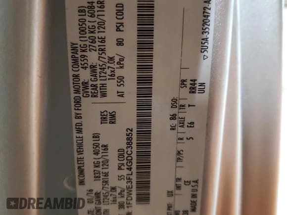 ✅ 2016 Ford Econoline Commercial • VIN: 1FDWE3FL4GDC38852 • Lot: 84379104. Listed on Copart with 133,182 mi. Free auction sales archive from the USA and detailed vehicle history report at DreamBid. Image 12.