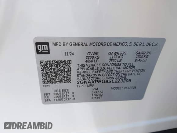 2025 Chevrolet Equinox AWD LT с VIN 3GNAXPEG8SL223205, выставлен на аукционе IAAI как лот 42033106 с пробегом 164 миль миль и . История ставок и продаж доступна на DreamBid. Изображение 9.