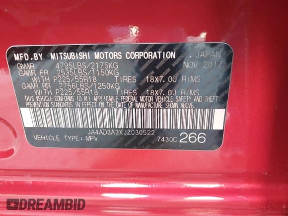 2018 Mitsubishi Outlander SE with VIN JA4AD3A3XJZ030522, listed as a IAAI auction lot 41770494 with 247,564 mi miles and . Bid and sale history available at DreamBid. Image 9.