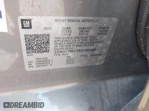 ✅ 2019 Chevrolet Tahoe LT • VIN: 1GNSCBKC2KR365482 • Lot: 43608683. Listed on IAAI with 88,665 mi. Free auction sales archive from the USA and detailed vehicle history report at DreamBid. Image 9.