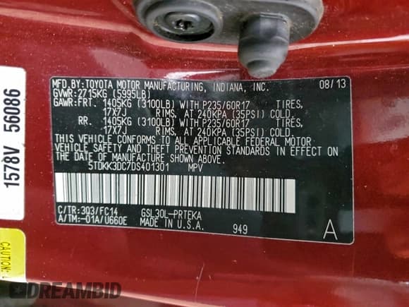 ✅ 2013 Toyota Sienna LE • VIN: 5TDKK3DC7DS401301 • Lot: 94096955. Listed on Copart with 167,496 mi. Free auction sales archive from the USA and detailed vehicle history report at DreamBid. Image 13.