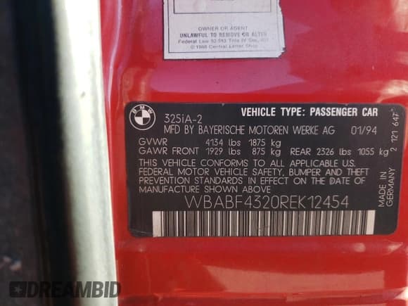 ✅ 1994 BMW 3 Series • VIN: WBABF4320REK12454 • Lot: 93232405. Listed on Copart with 156,662 mi. Free auction sales archive from the USA and detailed vehicle history report at DreamBid. Image 13.