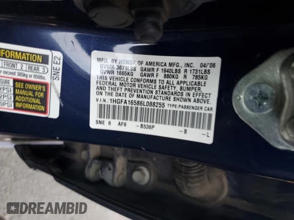 ✅ 2006 Honda Civic LX • VIN: 1HGFA16586L088255 • Lot: 92475545. Listed on Copart with 218,076 mi. Free auction sales archive from the USA and detailed vehicle history report at DreamBid. Image 12.