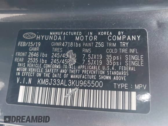 2019 Hyundai Tucson SEL z VIN KM8J33AL3KU965500, wystawiony jako IAAI lot #42611549 z przebiegiem 104 688 mil mil oraz . Historia ofert i sprzedaży dostępna na DreamBid. Obrazek 9.
