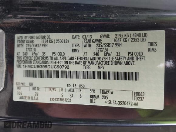 ✅ 2013 Ford Escape SE • VIN: 1FMCU9G99DUC90792 • Lot: 42501513. Listed on IAAI with 207,590 mi. Free auction sales archive from the USA and detailed vehicle history report at DreamBid. Image 9.