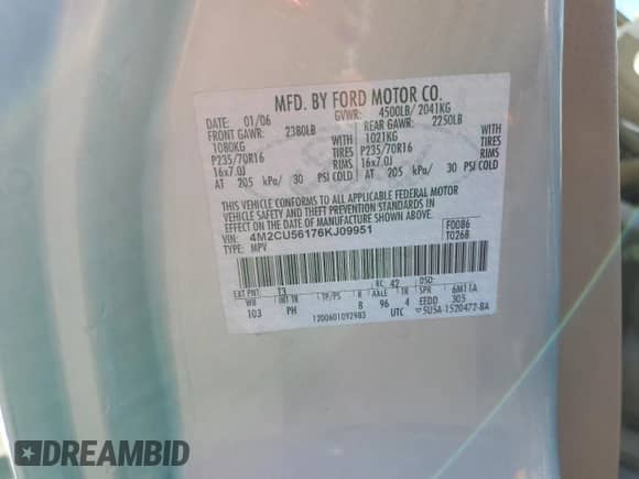 2006 Mercury Mariner Luxury с VIN 4M2CU56176KJ09951, выставлен на аукционе Copart как лот 42716485 с пробегом 144 615 миль миль и Списание • Salvage title. История ставок и продаж доступна на DreamBid. Изображение 13.