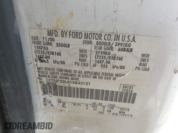 ✅ 2001 Ford F-250 XL • VIN: 1FTNF20L81EB33121 • Lot: 42902232. Listed on IAAI with 148,711 mi. Free auction sales archive from the USA and detailed vehicle history report at DreamBid. Image 9.