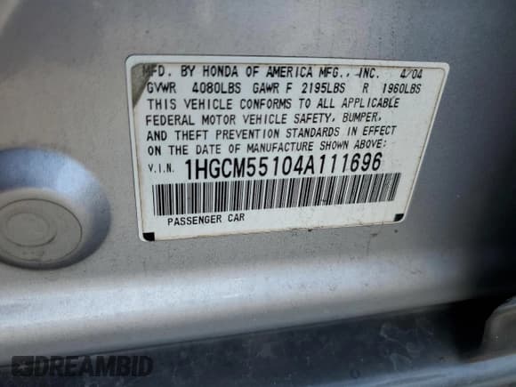 ✅ 2004 Honda Accord DX • VIN: 1HGCM55104A111696 • Lot: 68838814. Listed on Copart with 182,879 mi. Free auction sales archive from the USA and detailed vehicle history report at DreamBid. Image 12.